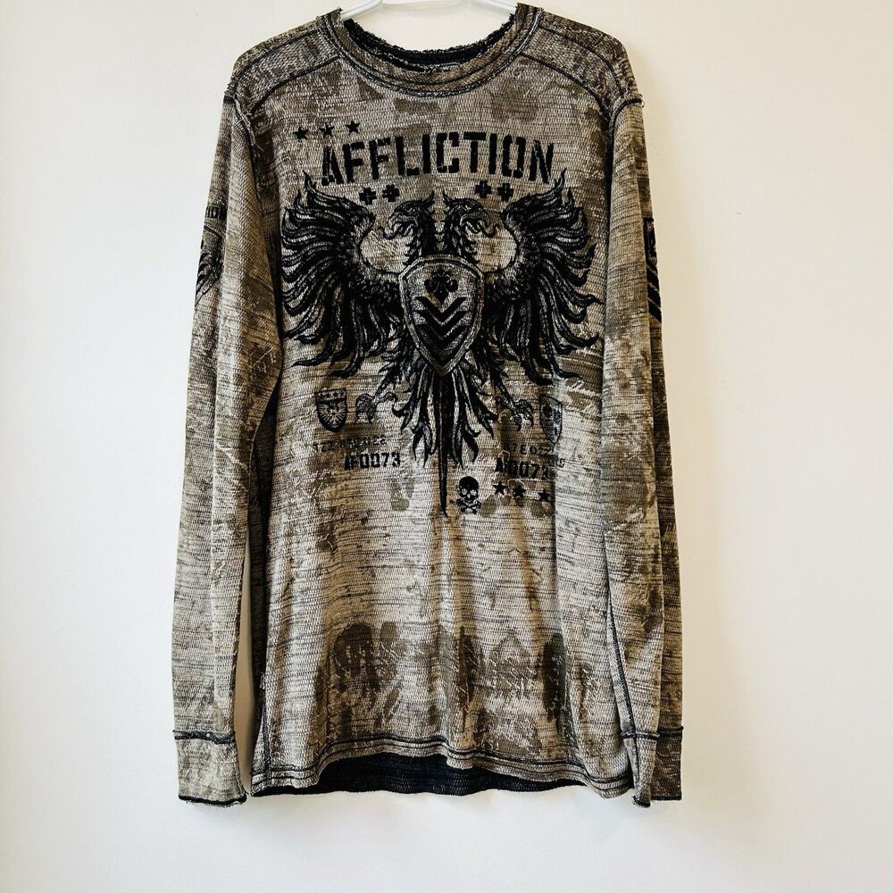 Affliction Reversible Long Sleeve Shirt Men’s XL Distressed Brown/Black Grunge